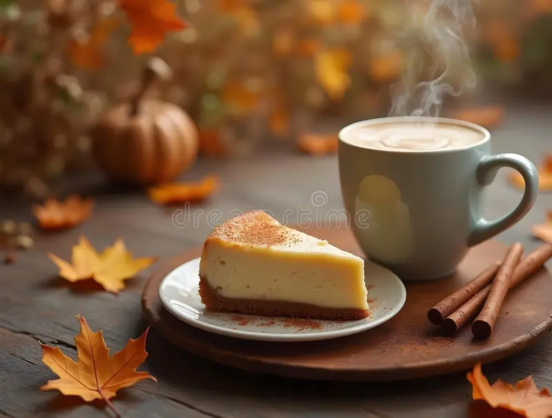 steaming cup coffee slice creamy new york cheesecake garnished autumn leaves cinnamon sit table blurred fall 375045637